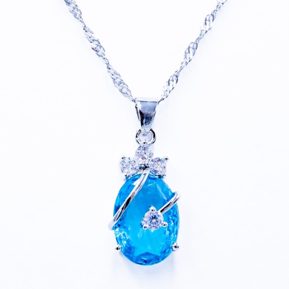 Blue Green Zircon Pendant in Silver Necklace